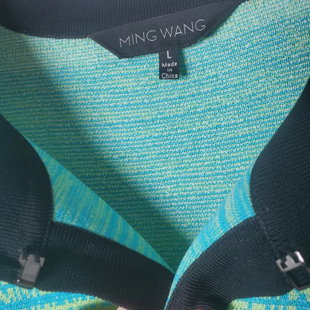 Ming Wang Sweater Knit Jacket Blazer Green Turquoise Striped Open Front Large - Picture 9 of 13